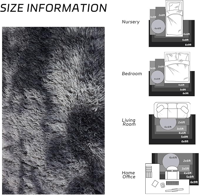 duduta Grey Plush Rugs for Bedroom 3x5 ft, Tie Dye Fluffy Gray Shag Rug for Dorm Nursery Bedside, Machine Washable Non Slip
