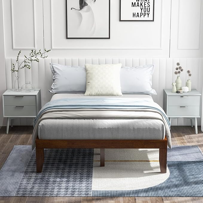 Giantex 14 Inch Full Platform Bed Frame, Minimalist Style Mattress Foundation with Solid Rubber Wood, Heavy Duty Wood Slat Support, Without Headboard, Easy Assembly, No Box Spring Needed,Walnut