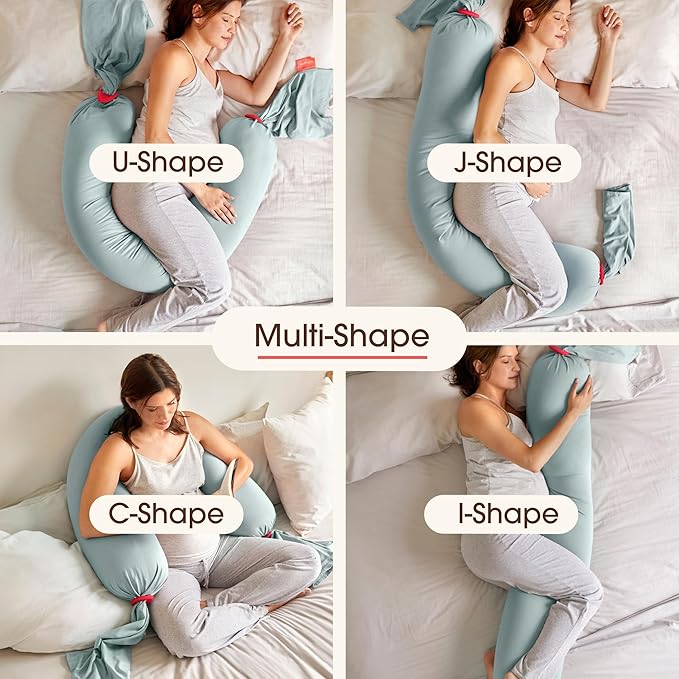 bbhugme Adjustable Pregnancy Pillow with Removable Eucalyptus Cover & Extra Dusty Pink Cover - Full Body Support for Pregnant Women