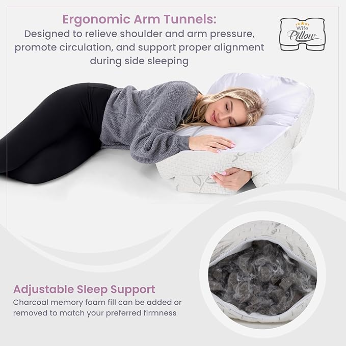 Wife Pillow the Side Sleeper Pillow with Arm Hole for Shoulder Pain - Arm Tunnel Pillow for Side Sleepers, Shoulder Relief & Neck Support Comfort Sleep Pillow for Adults - Charcoal Shredded MemoryFoam