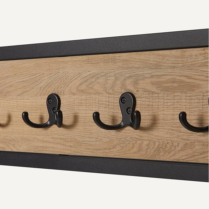 Amazon Basics Entry Bench with Hooks, Hall Tree with Shoe Storage Bench, Steel Frame, Oak Finish