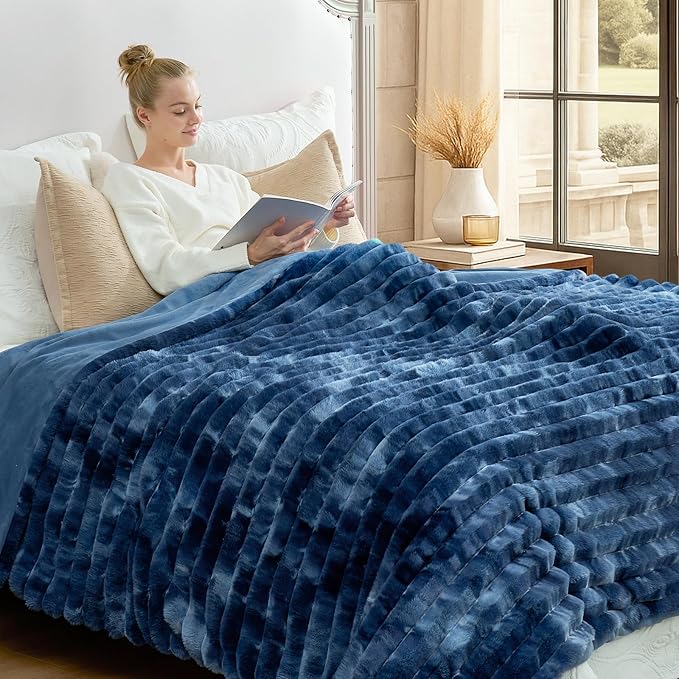 Cozy Bliss Faux Fur Throw Blanket for Couch, Cozy Warm Plush Striped Blanket for Sofa Bedroom Living Room, 108 * 90 Inches Tie-dye Blue