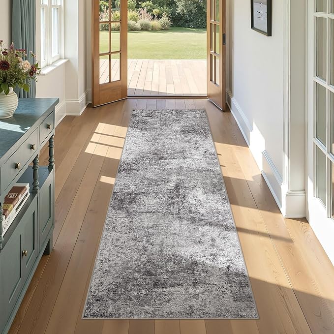 Washable Runner Rug for Hallway: 2.6x8 Neutral Modern Abstract Low Pile Area Rug with Non-Slip Backing - Carpet for Bedroom Kitchen Laundry Entryway Bathroom Indoor - Grey