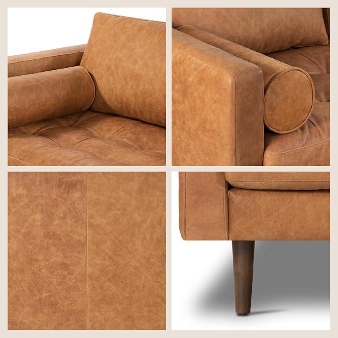 POLY & BARK Napa 104.5" Right-Facing Sectional Sofa – Cognac Tan Full-Grain Pure-Aniline Italian Leather, Feather-Down Cushions, Solid Wood Frame