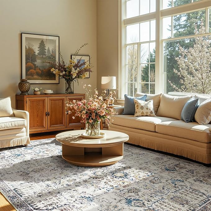 jinchan Kalen Area Rug 8x10 Washable Living Room Rug Vintage Indoor Large Floor Cover Retro Accent Mat Distressed Floral Country Boho Non Slip Thin Carpet for Bedroom Dining Room Office Blue Multi