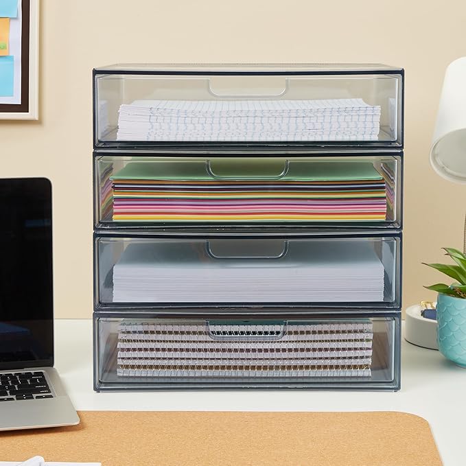 STORi STAX Plastic Stackable Organizer Drawer in Grey | 12.5-inches Wide | Organize Office Desk Accessories and Sort Letter-Size Paper | Made in USA