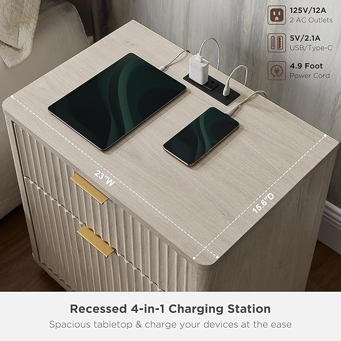 T4TREAM 23'' Fluted Nightstand with Charging Station, Large 2 Drawer Side Table, Modern End Table with Storage, Mid Century Bedside Table for Bedroom, Living Room, Curved Profile, White Alder