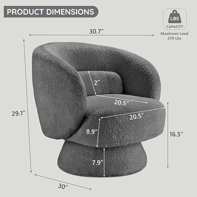 Swivel Accent Chair, Modern 360 Degree Swivel Barrel Chair with Arms & Curved Back and Lumbar Support Cushion, Comfy Round Single Boucle Sofa for Small Space, Living Room, Bedroom, Gray