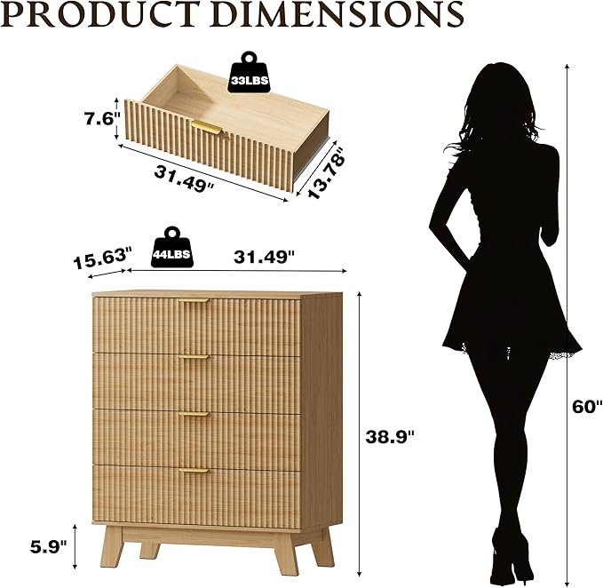 39" Tall Dresser for Bedroom, 4-Drawer Fluted Chest of Drawers, Modern Wood Highboy with Deep Storage, Metal Slides & Handles, Anti-Tip Kit, Vertical Clothes Organizer for Apartment, Nursery