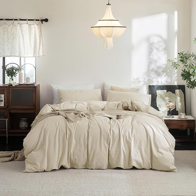 FOSSA Duvet Cover Set 100% Washed Cotton Linen Feel Super Soft Breathable Cozy 3 Pieces Bedding Sets Solid Almond Grey Twin