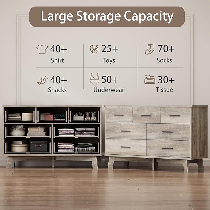 Dresser for Bedroom with 7 Drawer, Wood Modern Chest of Drawers with X-Shaped Sturdy Base, Wide Double Dresser Closet Clothes Storage Organizer, Wooden TV Stand for Living Room, Hallway, Grey