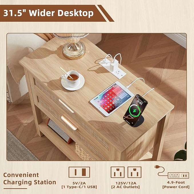 LEYAOYAO 31.5" Wide Rattan Night Stand Set 2 with Charger Station, Oversized Large Boho Nightstand with 2 Drawer, Natural Wood Bed Side End Tables, Tall Bedside Table for Bedroom Living Room, Hallway