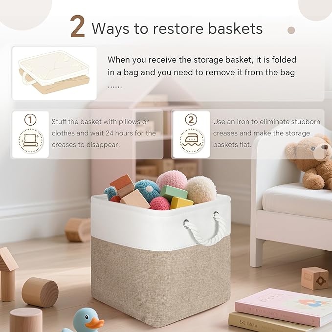 Fabric Cubes Storage Basket, 6 Pack 11x11 inch with Handles Cube Storage Bins, for Shelves, Home, Office Organizers (White/Khaki)