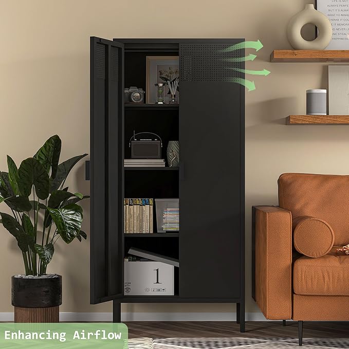 COFaR 4 Tier Black Metal Storage Cabinet, Free Standing with 2 Doors, 3 Adjustable Shelves and Legs, Cupboard Metal Cabinet for Living Room, Kitchen, Dining Room, Office