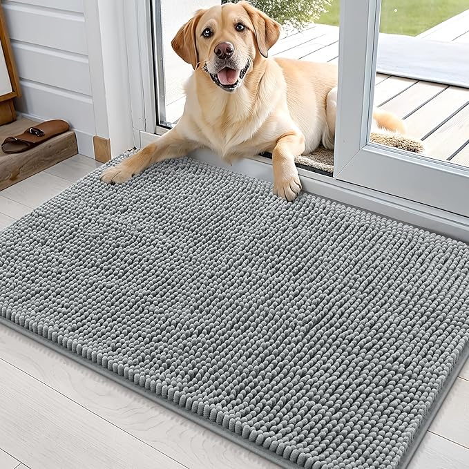 OLANLY Dog Door Mat for Muddy Paws 35x24, Absorbs Moisture and Dirt, Absorbent Non-Slip Washable Doormat, Quick Dry Chenille Mud Mat for Dogs, Entry Indoor Entryway Carpet for Inside Floor, Grey
