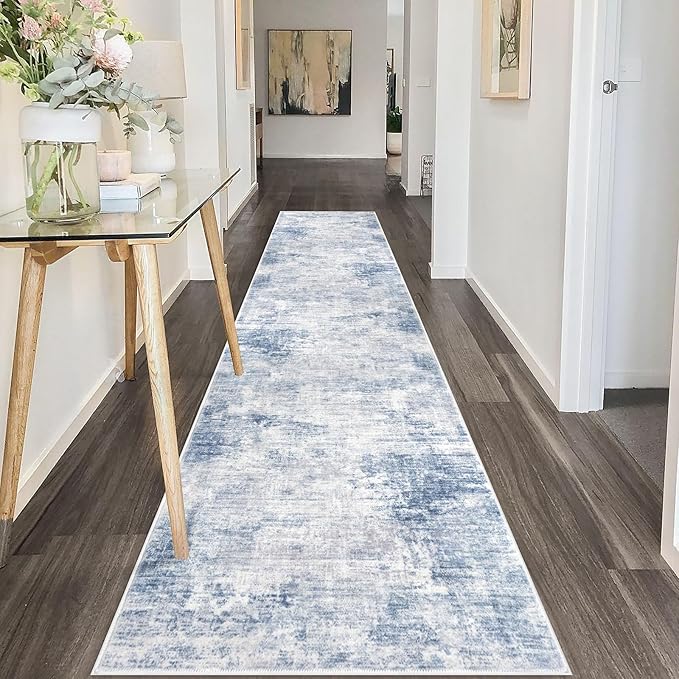 IOHOUZE Abstract Runner Rug 2x10 Ft Washable Runners for Hallways, Non Slip Kitchen Runner Printed Faux Wool Entryway Runner Indoor, Modern Abstract Floor Carpet for Hall Kitchen, Light Blue White