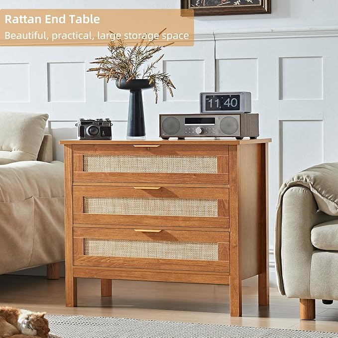 LEYAOYAO 31.5" Wide Rattan Night Stand, Large Boho Nightstand, Bedside Table with Storage, Tall Bed Side End Tables, Chest of Drawers for Bedroom, Living Room, Hallway（Brown,3 Drawers,2）