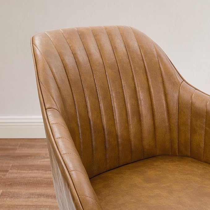 Zouron Mid Century Modern Accent Chairs with Wooden Legs, Swivel Desk Chair No Wheels, Faux Leather Vanity Side Chair for Small Space Home Office Living Room Bedroom, Brown