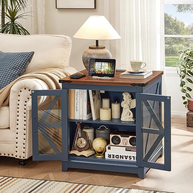 Farmhouse End Table Set 2, Narrow 18'' Night Stand with Glass Barn Door, 24" Square Side Table with Charger Station, Living Room Furniture Sets, Wood Nightstand Bedside Tables for Bedroom