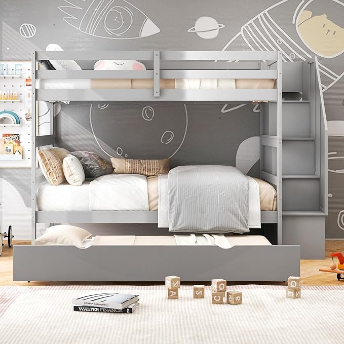 KOTEK Twin Over Twin Bunk Bed with Trundle and Stairs, Solid Wood Bunk Bed Frame with Storage Shelf, Bunk Beds Detachable into 2 Platform Beds for Kids Teens Adults (Grey)
