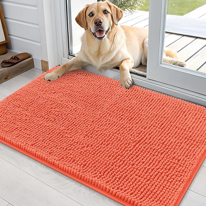 OLANLY Dog Door Mat for Muddy Paws 36x24, Absorbs Moisture and Dirt, Absorbent Non-Slip Washable Doormat, Quick Dry Chenille Mud Mat for Dogs, Entry Indoor Entryway Carpet for Inside Floor, Coral