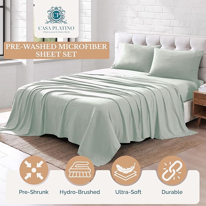 Casa Platino Bedding Set, Pre-Washed Ultra Soft & Breathable Bed Sheet, Fade Resistant Cozy Brushed Microfiber, Deep Pockets - Mineral