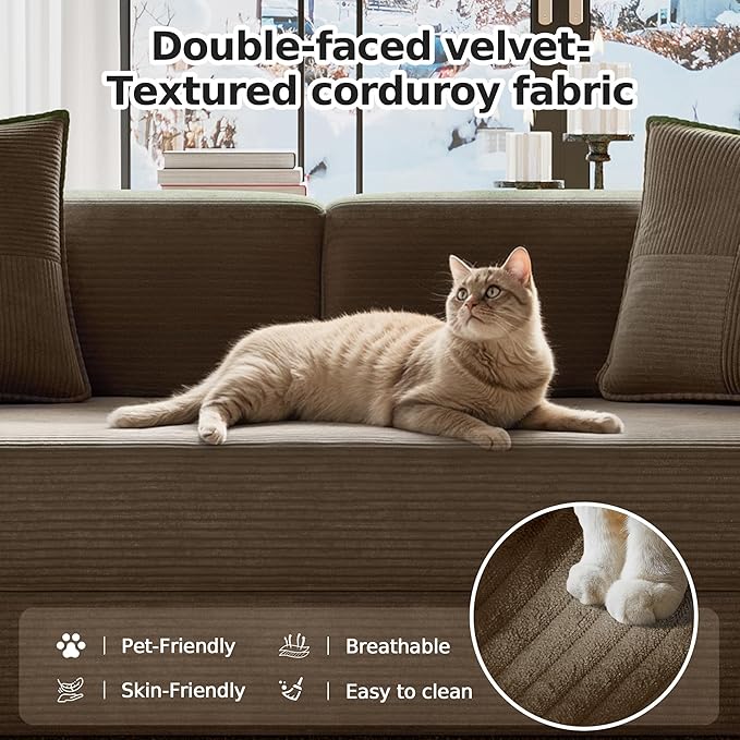 78.8" Convertible Futon Sofa Bed,Corduroy Futon Couch with Storage Pocket,Folding Pull Out Sofa,No Assembly Boneless Couch for Living Room,Brown