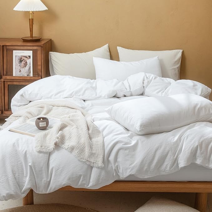 FOSSA Duvet Cover Set 100% Washed Cotton Linen Feel Super Soft Breathable Cozy 3 Pieces Bedding Sets Solid Bright White King