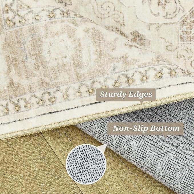 Area Rugs 5x7, Washable Rug, Stain Resistant 5x7 Area Rugs for Living Room Bedroom Dining Room, Vintage Gray Farmhouse Rug Beige