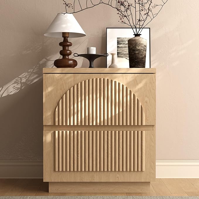 Yechen Nightstand with Drawers, Modern Arched Reeded Wood Nightstand with Charging Station, Wooden Night Stand with Storage,Bedside End Tables for Bedroom, Natural