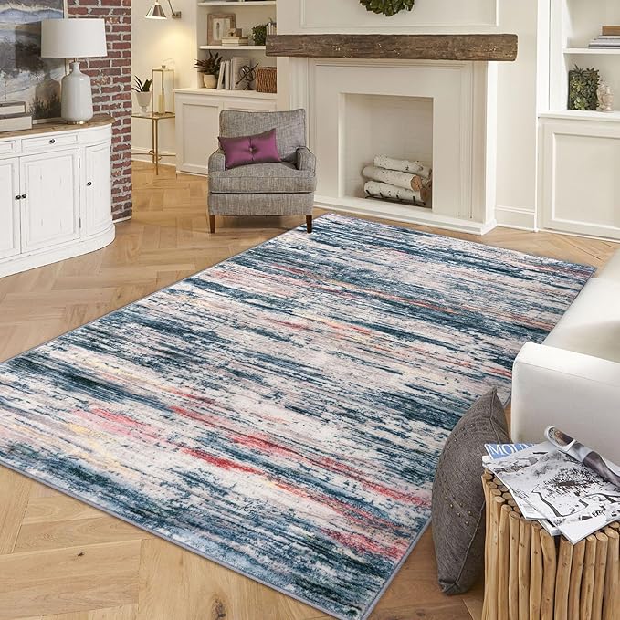 5x7 Modern Area Rug for Bedroom, Teal Blue Peach Gray Multi Large Teal Blue Peach Gray Multi Super Soft Rug with Non-Slip, Non-Shedding Rugs for Living Room, Indoor Door Mat for Home Décor