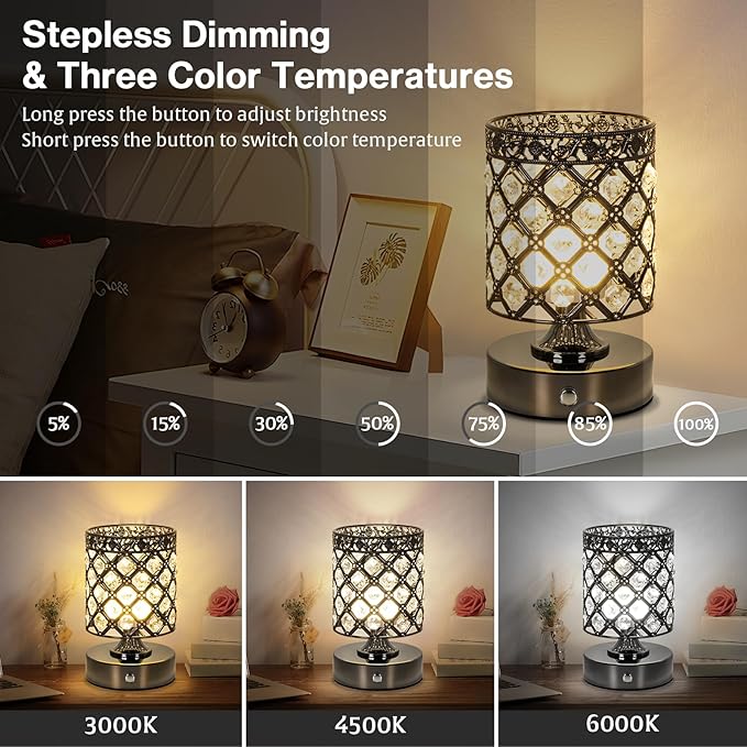 TOBUSA Black Rechargeable Cordless Table Lamp, Portable 6000mAh Crystal Battery Operated Lamp 3000K-4500K-6000K, Stepless Dimmable Bedside Touch Small Desk Lamp, Modern Industrial LED Night Light