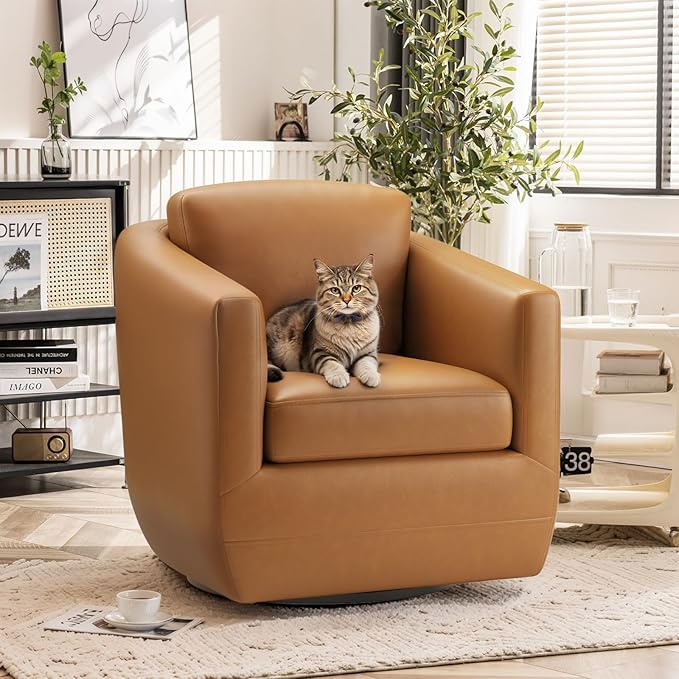 360° Swivel Accent Chair- Comfy Living Room Armchair No-Sag Foam & Sturdy Metal Base with Pillow, Fully Assembled Swivel Accent Single Sofa for Bedroom Living Room, Office, Brown
