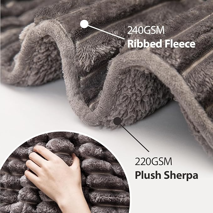 Sherpa Fleece Weighted Blanket with 3D Ribbed Stripes, 15 lbs Soft Flannel Heavy Throw Blanket for Couch Full Size Bed, Heavy Thick Blankets with Ceramic Beads, Great for Deep Sleep, 60" x 80"