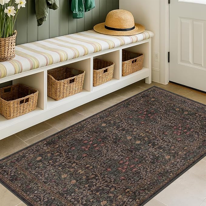 Boho Taupe Brown 3x5 Large Entryway Rug - Modern Vintage Golden Floral Oriental Neutral, Washable Low Pile Non-Slip Area Rugs for Door Mat Indoor Entrance, Kitchen, Laundry
