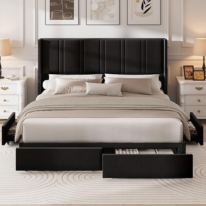 LARMACE King Size Bed Frame with 4 Storage Drawers and Wingback Headboard Velvet Upholstered Platform Bed Frame with Wooden Slats, Easy Assembly, Black
