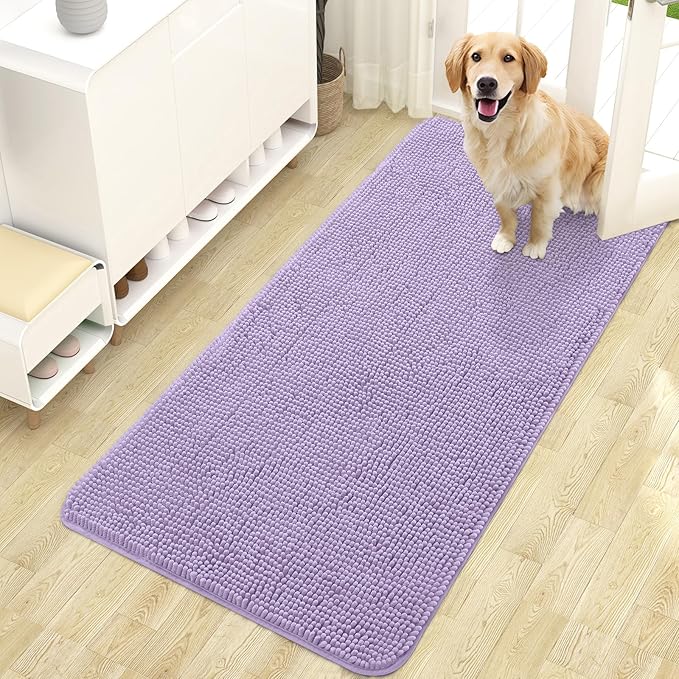 OLANLY Dog Door Mat for Muddy Paws 47x24, Absorbs Moisture and Dirt, Absorbent Non-Slip Washable Doormat, Quick Dry Chenille Mud Mat for Dogs, Entry Indoor Entryway Carpet for Inside Floor, Lavender