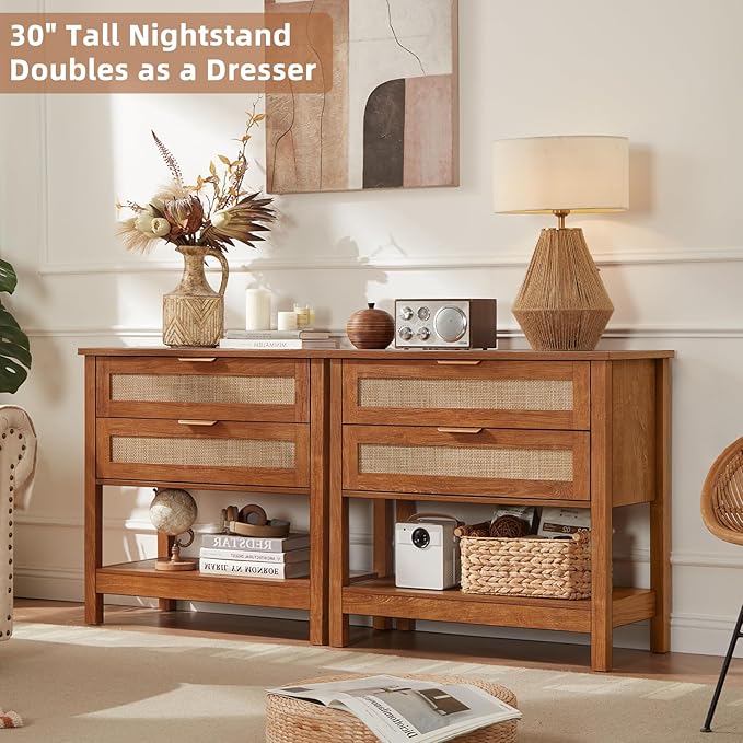 LEYAOYAO 31.5" Wide Rattan Night Stand, Oversized Large Boho Nightstand with 2 Drawer, Tea Brown Bed Side End Tables with Storage Shelf, Tall Bedside Table for Bedroom Living Room, Hallway