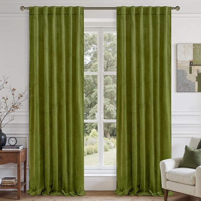 LAMIT Moss Green Velvet Curtains for Living Room, 120 Inches Thermal Insulated Room Darkening Panels Super Soft Back Tab and Rod Pocket Window Drapes for Bedroom, 2 Panels, 52 x 120 Inch