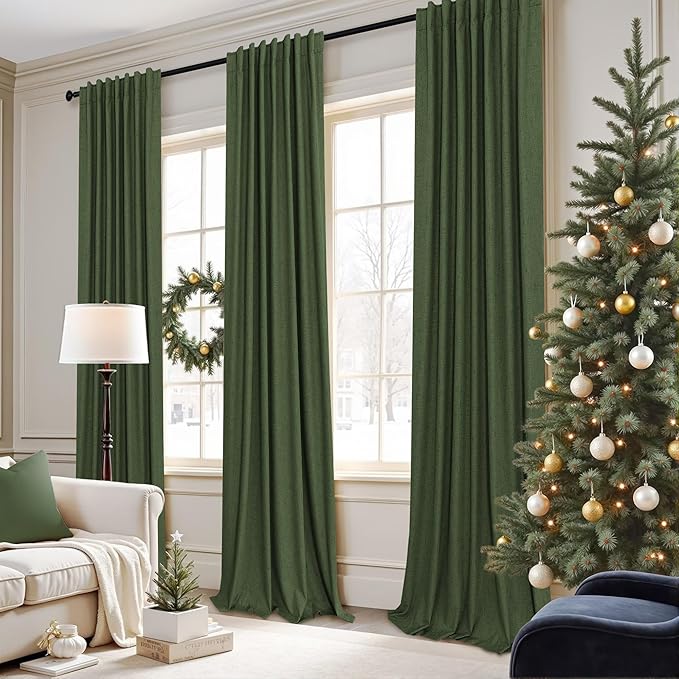 Pitalk Olive Green Blackout Curtains 63 Inch Length 2 Panel for Boys Bedroom Kids Nursery Decorative Linen Room Darkening Grass Forest Green Curtains Sound Draft Cold Heat Light Blocking Retro Vintage
