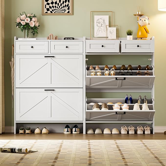 Shoe Storage Cabinet for Entryway, Farmhouse Narrow Shoe Cabinet with 2 Flip Drawers & Top Drawers, Adjustable Shelves & Hooks, Freestanding Hidden Rack Organizer for Hallway, Foyer