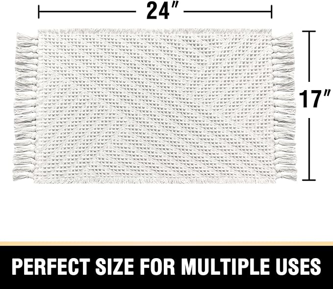 H.VERSAILTEX Waffle Bath Mat Super Absorbent Boho Bath Mat Non Slip Bath Rugs for Bathroom Floor Machine Washable Dry Fast Bathroom Rugs with Tassels, 17" x 24", Ivory White