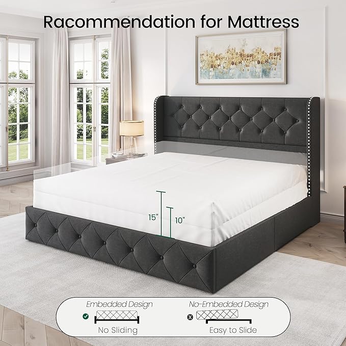 LARMACE Upholstered Queen Size Bed Frame with 4 Storage Drawers and Wingback Headboard Tufted Platform Bed Frame Linen Beds with Wooden Slats Support, Easy Assembly, Dark Grey