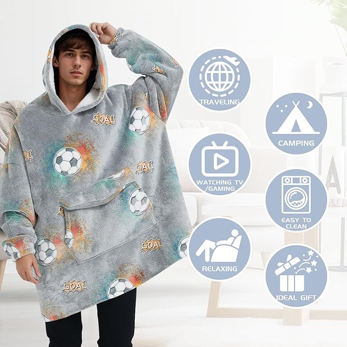 Glow in The Dark Football Wearable Blanket Hoodie for Adult,Oversized Sherpa Fleece Blanket Hoodie for Women Men,Football