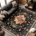 Area Rugs 6'x9' Washable Non-Slip, Floral Vintage Distress Print Pattern Medallion Carpet for Living Room Bedroom Dining Room, Black Colorful Floral Dark Tan