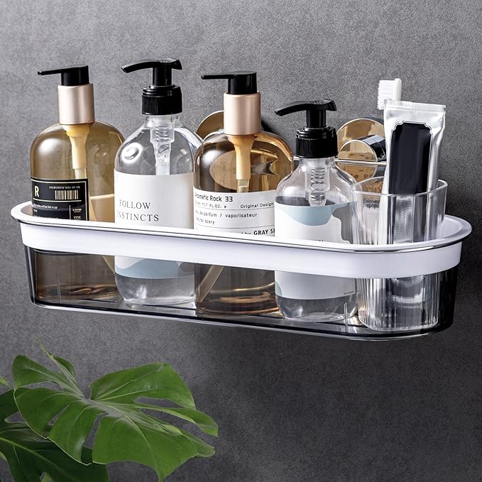 LEVERLOC Shower Caddy Suction Cup, Shower Organizer Removable Bathroom Shelf, Storage Suction Powerful Max Hold 22lbs Bathroom Caddy Waterproof Holder, Chrome & Clear, Large