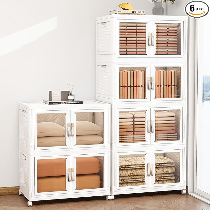 Large Stackable Storage Bins with 2 Lids, 990QT-165QT*6Tier Foldable Cabinet for Closet Organizers, Plastic Storage Containers Box with Wheels