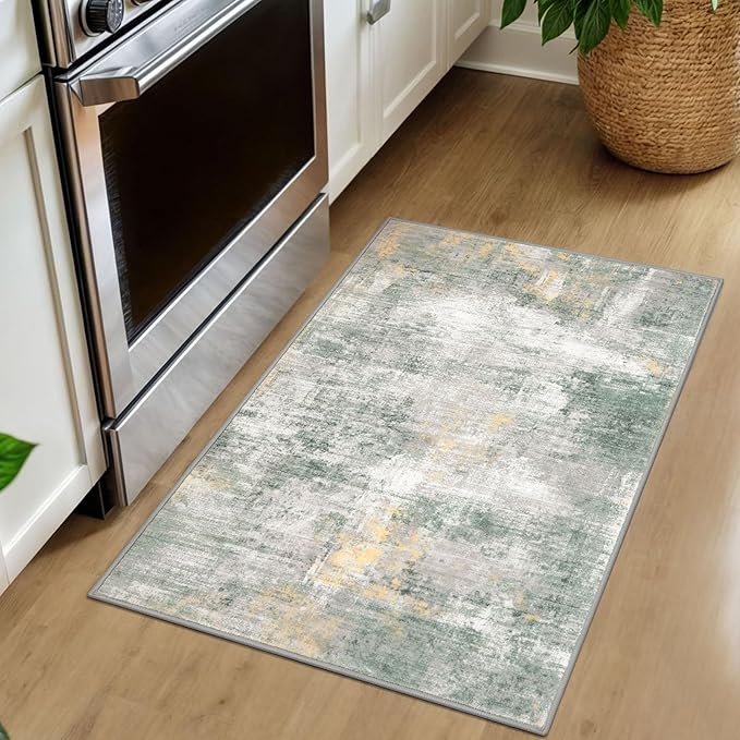 IOHOUZE Small Abstract Area Rug 2x3 Ft Entryway Rugs Washable Door Mat Indoor Entrance, Printed Faux Wool Non Slip Floor Carpet for Foyer Front Door Sink, Light Green/Gray/Orange