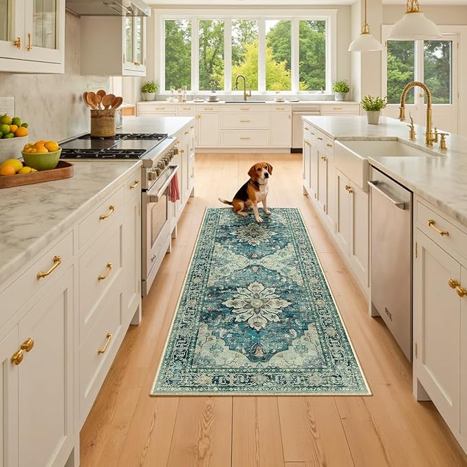 Area Rugs 2'x6' Washable Non-Slip, Floral Vintage Distress Print Pattern Medallion Carpet for Living Room Bedroom Dining Room, Dark Blue Vintage