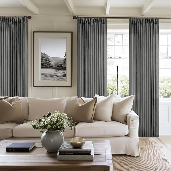 Dark Gray Linen Pinch Pleated Curtains 96 Inches Long for Living Room Pleated Drapes Back Tab Thick Linen Textured Modern Farmhouse Neutral Charcoal Slate Grey 96 Inch Curtain for Dining Bedroom